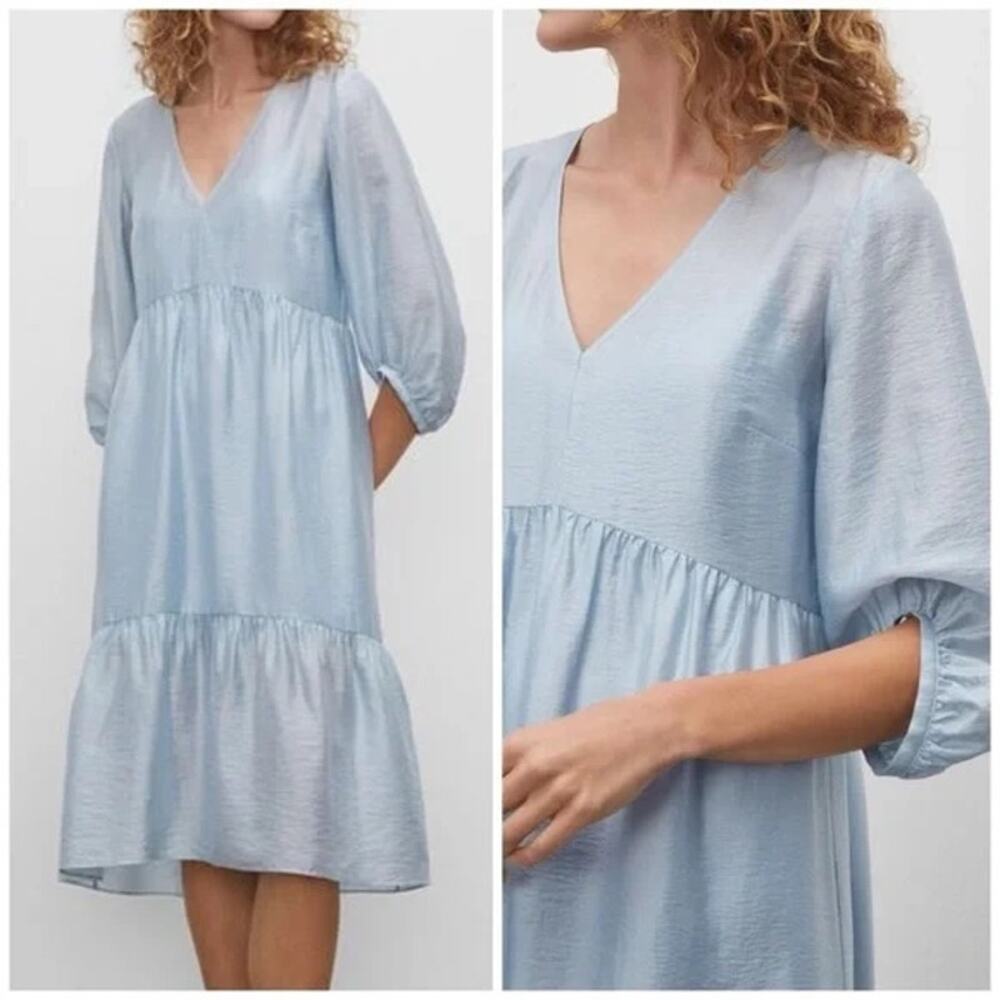Club Monaco Light Blue Easy Tiered 3/4 Sleeve Billowy Vacation Comfy Midi Dress